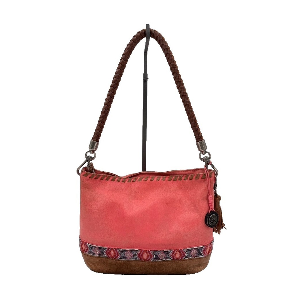 The Sak Coral Pink Leather Shoulder Bag Beaded Trim Braided Strap Boho